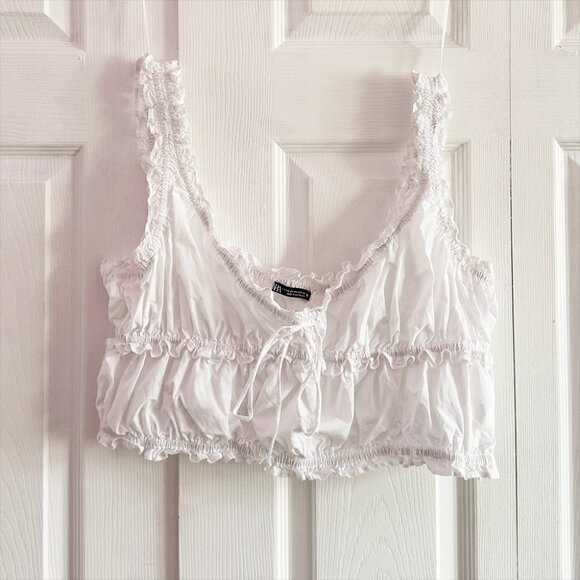 Zara Tops - Zara Women's Ruched Cotton Poplin White Crop Top